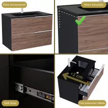 HD Cremona Black-Oak 80 komplett fürdőszoba bútor szett fali mosdószekrénnyel, matt fehér fogantyúkkal, matt fekete slim mosdóval, tükörrel és magasszekrénnyel