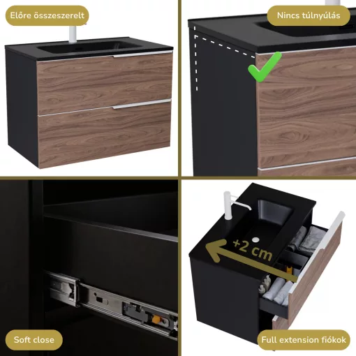 HD Cremona Black-Oak 80 komplett fürdőszoba bútor szett fali mosdószekrénnyel, matt fehér fogantyúkkal, matt fekete slim mosdóval, tükörrel és magasszekrénnyel