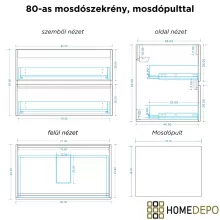 HD Carona Black-Oak 80 fali mosdószekrény tölgyfa színű mosdópulttal és matt fehér fogantyúkkal