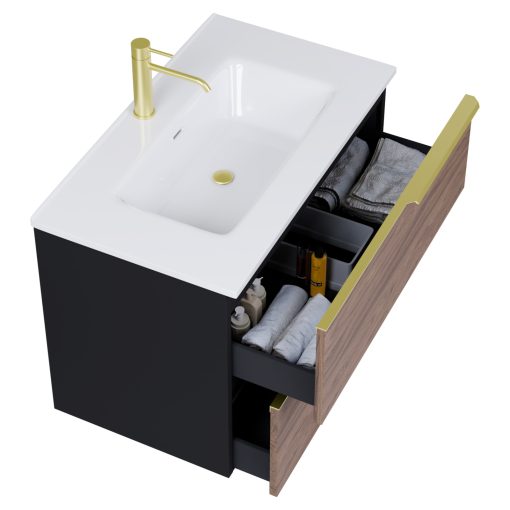 HD Cremona Black-Oak 80 fali mosdószekrény szálcsiszolt arany fogantyúkkal és fényes fehér slim mosdóval