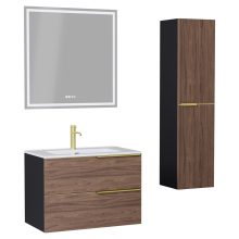 HD Cremona Black-Oak 80 komplett fürdőszoba bútor szett fali mosdószekrénnyel, szálcsiszolt arany fogantyúkkal, fényes fehér slim mosdóval, tükörrel és magasszekrénnyel