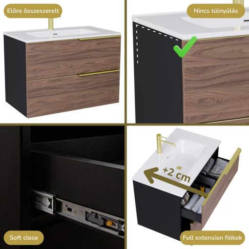 HD Cremona Black-Oak 80 komplett fürdőszoba bútor szett fali mosdószekrénnyel, szálcsiszolt arany fogantyúkkal, fényes fehér slim mosdóval, tükörrel és magasszekrénnyel