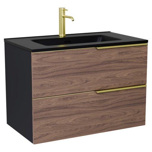 HD Cremona Black-Oak 80 fali mosdószekrény szálcsiszolt arany fogantyúkkal és matt fekete slim mosdóval