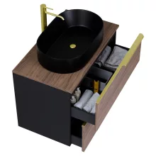 HD Carona Black-Oak 80 fali mosdószekrény tölgyfa színű mosdópulttal és szálcsiszolt arany fogantyúkkal