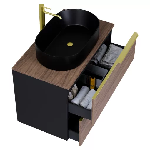 HD Carona Black-Oak 80 fali mosdószekrény tölgyfa színű mosdópulttal és szálcsiszolt arany fogantyúkkal