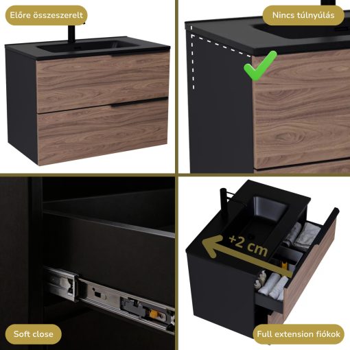 HD Cremona Black-Oak 80 fali mosdószekrény matt fekete fogantyúkkal és matt fekete slim mosdóval