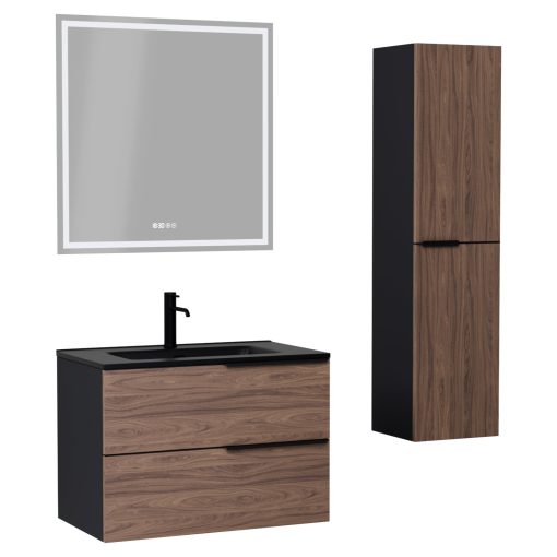 HD Cremona Black-Oak 80 komplett fürdőszoba bútor szett fali mosdószekrénnyel, matt fekete fogantyúkkal, matt fekete slim mosdóval, tükörrel és magasszekrénnyel