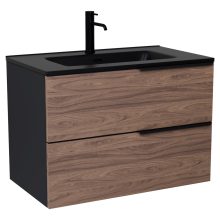 HD Cremona Black-Oak 80 komplett fürdőszoba bútor szett fali mosdószekrénnyel, matt fekete fogantyúkkal, matt fekete slim mosdóval, tükörrel és magasszekrénnyel