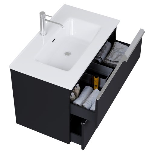 HD Cremona Matt Black 80 komplett fürdőszoba bútor szett fali mosdószekrénnyel, fényes króm fogantyúkkal, fényes fehér slim mosdóval, tükörrel és magasszekrénnyel