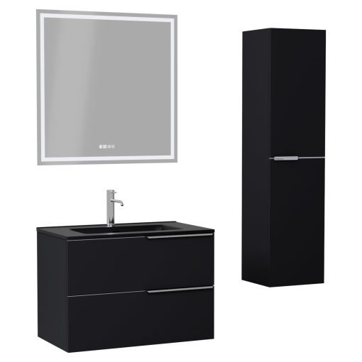 HD Cremona Matt Black 80 komplett fürdőszoba bútor szett fali mosdószekrénnyel, fényes króm fogantyúkkal, matt fekete slim mosdóval, tükörrel és magasszekrénnyel