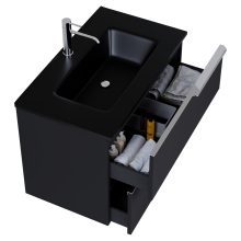 HD Cremona Matt Black 80 komplett fürdőszoba bútor szett fali mosdószekrénnyel, fényes króm fogantyúkkal, matt fekete slim mosdóval, tükörrel és magasszekrénnyel