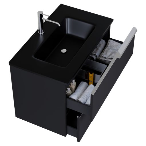 HD Cremona Matt Black 80 komplett fürdőszoba bútor szett fali mosdószekrénnyel, fényes króm fogantyúkkal, matt fekete slim mosdóval, tükörrel és magasszekrénnyel