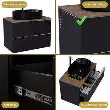 HD Carona Matt Black 80 fali mosdószekrény tölgyfa színű mosdópulttal és fényes króm fogantyúkkal