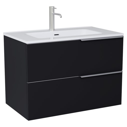 HD Cremona Matt Black 80 komplett fürdőszoba bútor szett fali mosdószekrénnyel, szálcsiszolt króm fogantyúkkal, fényes fehér slim mosdóval, tükörrel és magasszekrénnyel