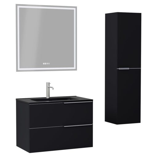 HD Cremona Matt Black 80 komplett fürdőszoba bútor szett fali mosdószekrénnyel, szálcsiszolt króm fogantyúkkal, matt fekete slim mosdóval, tükörrel és magasszekrénnyel