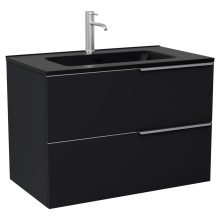 HD Cremona Matt Black 80 komplett fürdőszoba bútor szett fali mosdószekrénnyel, szálcsiszolt króm fogantyúkkal, matt fekete slim mosdóval, tükörrel és magasszekrénnyel