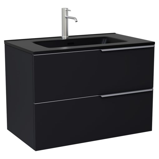 HD Cremona Matt Black 80 komplett fürdőszoba bútor szett fali mosdószekrénnyel, szálcsiszolt króm fogantyúkkal, matt fekete slim mosdóval, tükörrel és magasszekrénnyel