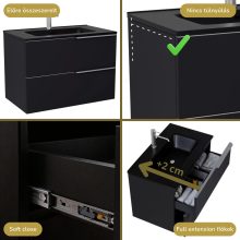 HD Cremona Matt Black 80 komplett fürdőszoba bútor szett fali mosdószekrénnyel, szálcsiszolt króm fogantyúkkal, matt fekete slim mosdóval, tükörrel és magasszekrénnyel