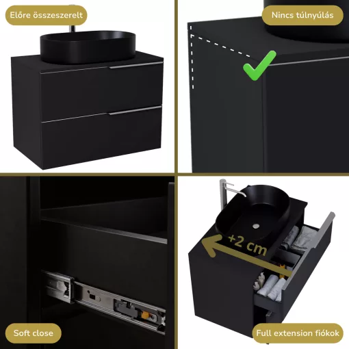 HD Carona Matt Black 80 fali mosdószekrény matt fekete mosdópulttal és szálcsiszolt króm fogantyúkkal