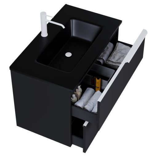 HD Cremona Matt Black 80 fali mosdószekrény matt fehér fogantyúkkal és matt fekete slim mosdóval