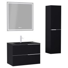 HD Cremona Matt Black 80 komplett fürdőszoba bútor szett fali mosdószekrénnyel, matt fehér fogantyúkkal, matt fekete slim mosdóval, tükörrel és magasszekrénnyel