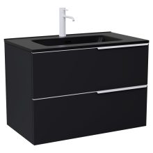 HD Cremona Matt Black 80 komplett fürdőszoba bútor szett fali mosdószekrénnyel, matt fehér fogantyúkkal, matt fekete slim mosdóval, tükörrel és magasszekrénnyel