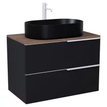 HD Carona Matt Black 80 fali mosdószekrény tölgyfa színű mosdópulttal és matt fehér fogantyúkkal