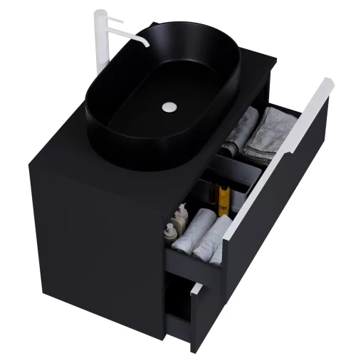 HD Carona Matt Black 80 fali mosdószekrény matt fekete mosdópulttal és matt fehér fogantyúkkal