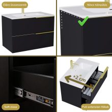 HD Cremona Matt Black 80 komplett fürdőszoba bútor szett fali mosdószekrénnyel, szálcsiszolt arany fogantyúkkal, fényes fehér slim mosdóval, tükörrel és magasszekrénnyel