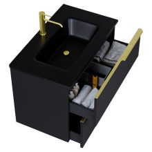 HD Cremona Matt Black 80 fali mosdószekrény szálcsiszolt arany fogantyúkkal és matt fekete slim mosdóval