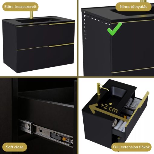 HD Cremona Matt Black 80 fali mosdószekrény szálcsiszolt arany fogantyúkkal és matt fekete slim mosdóval