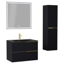 HD Cremona Matt Black 80 komplett fürdőszoba bútor szett fali mosdószekrénnyel, szálcsiszolt arany fogantyúkkal, matt fekete slim mosdóval, tükörrel és magasszekrénnyel