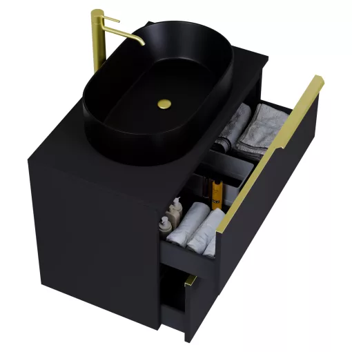 HD Carona Matt Black 80 fali mosdószekrény matt fekete mosdópulttal és szálcsiszolt arany fogantyúkkal