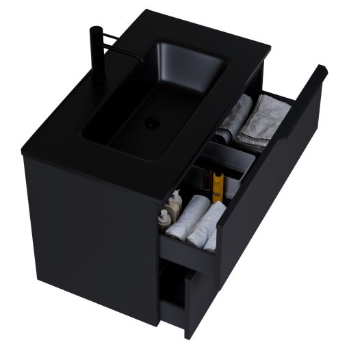 HD Cremona Matt Black 80 fali mosdószekrény matt fekete fogantyúkkal és matt fekete slim mosdóval