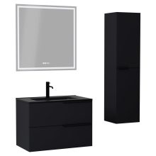 HD Cremona Matt Black 80 komplett fürdőszoba bútor szett fali mosdószekrénnyel, matt fekete fogantyúkkal, matt fekete slim mosdóval, tükörrel és magasszekrénnyel