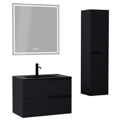 HD Cremona Matt Black 80 komplett fürdőszoba bútor szett fali mosdószekrénnyel, matt fekete fogantyúkkal, matt fekete slim mosdóval, tükörrel és magasszekrénnyel