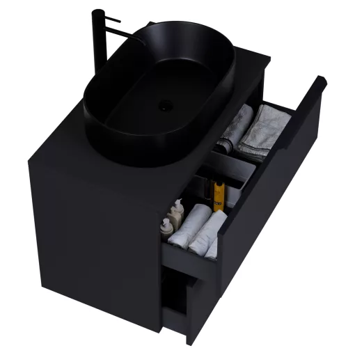 HD Carona Matt Black 80 fali mosdószekrény matt fekete mosdópulttal és matt fekete fogantyúkkal