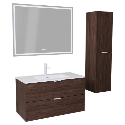 HD Palermo Matt Hazel 100 komplett fürdőszoba bútor szett fali mosdószekrénnyel, matt fehér fogantyúkkal, tükörrel és magasszekrénnyel