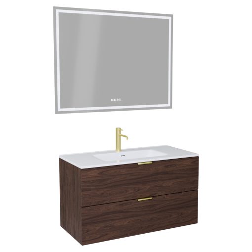 HD Palermo Matt Hazel 100 komplett fürdőszoba bútor fali mosdószekrénnyel, szálcsiszolt arany fogantyúkkal és tükörrel