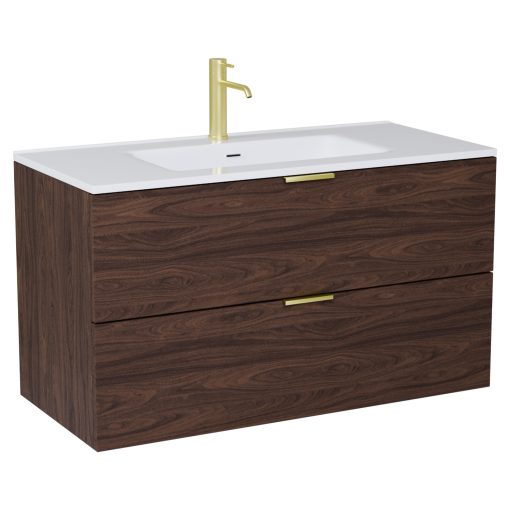 HD Palermo Matt Hazel 100 komplett fürdőszoba bútor fali mosdószekrénnyel, szálcsiszolt arany fogantyúkkal és tükörrel