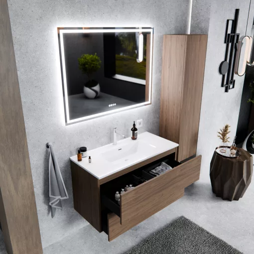 HD Aria Pro Oak 100 komplett fürdőszoba bútor szett fali push-to-open mosdószekrénnyel, tükörrel és magasszekrénnyel