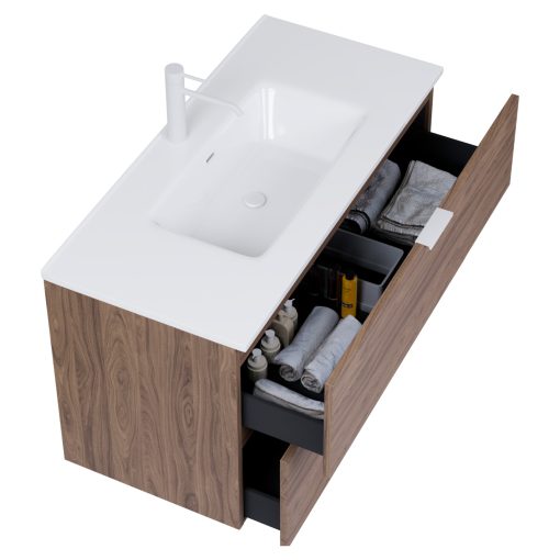 HD Palermo Oak 100 komplett fürdőszoba bútor fali mosdószekrénnyel, matt fehér fogantyúkkal és tükörrel