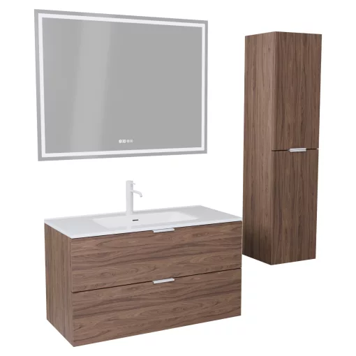 HD Palermo Oak 100 komplett fürdőszoba bútor szett fali mosdószekrénnyel, matt fehér fogantyúkkal, tükörrel és magasszekrénnyel