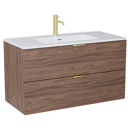 HD Palermo Oak 100 komplett fürdőszoba bútor fali mosdószekrénnyel, szálcsiszolt arany fogantyúkkal és tükörrel