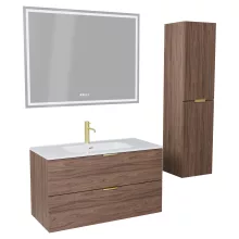 HD Palermo Oak 100 komplett fürdőszoba bútor szett fali mosdószekrénnyel, szálcsiszolt arany fogantyúkkal, tükörrel és magasszekrénnyel