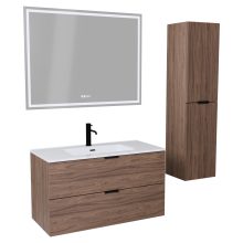 HD Palermo Oak 100/120 komplett fürdőszoba bútor szett fali mosdószekrénnyel, matt fekete fogantyúkkal, tükörrel és magasszekrénnyel