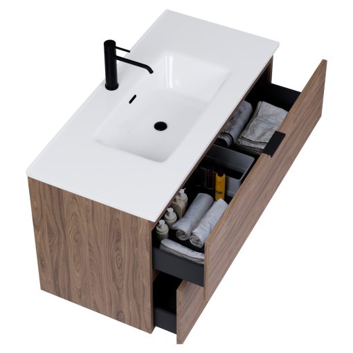 HD Palermo Oak 100/120 komplett fürdőszoba bútor szett fali mosdószekrénnyel, matt fekete fogantyúkkal, tükörrel és magasszekrénnyel