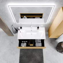 HD Aria Pro Hickory 100 komplett fürdőszoba bútor szett fali push-to-open mosdószekrénnyel, tükörrel és magas szekrénnyel