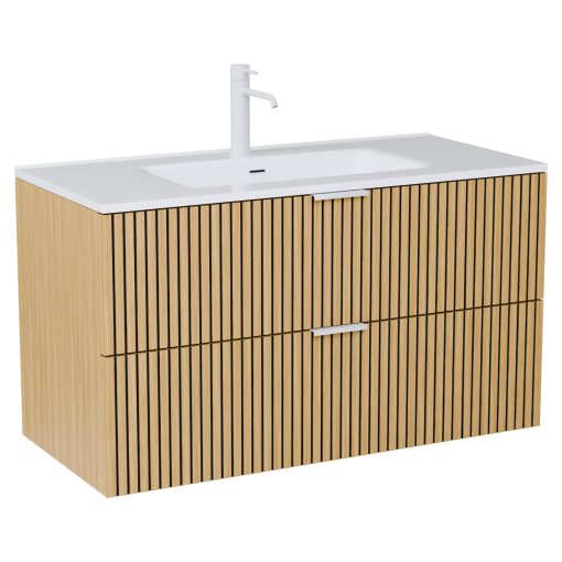 HD Parma Hickory 100 komplett fürdőszoba bútor fali mosdószekrénnyel, matt fehér fogantyúkkal és tükörrel