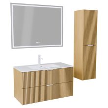 HD Parma Hickory 100 komplett fürdőszoba bútor szett fali mosdószekrénnyel, matt fehér fogantyúkkal, tükörrel és magasszekrénnyel